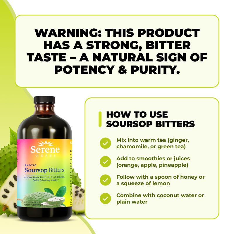 Soursop Bitters Liquid – Organic Herbal Detox with Black Seed, Moringa & Ginger by Serene Herbs – Supports Digestive Wellness & Immune Function – 16 Fl Oz​